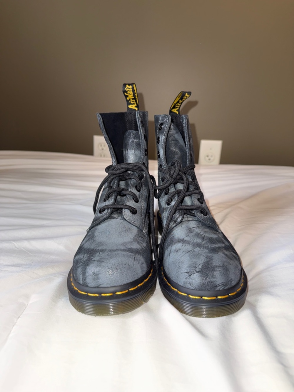 Dr. Martens Gray Marbled Leather Lace-Up Boots with Yellow Stitching